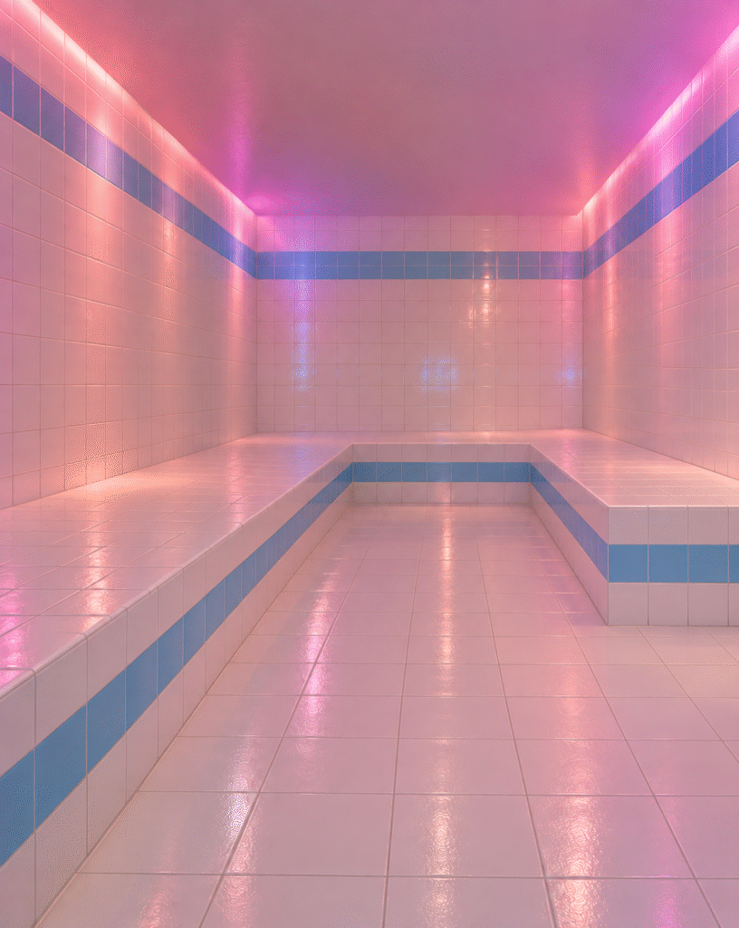hammam moderne aux lumières magenta et bleues